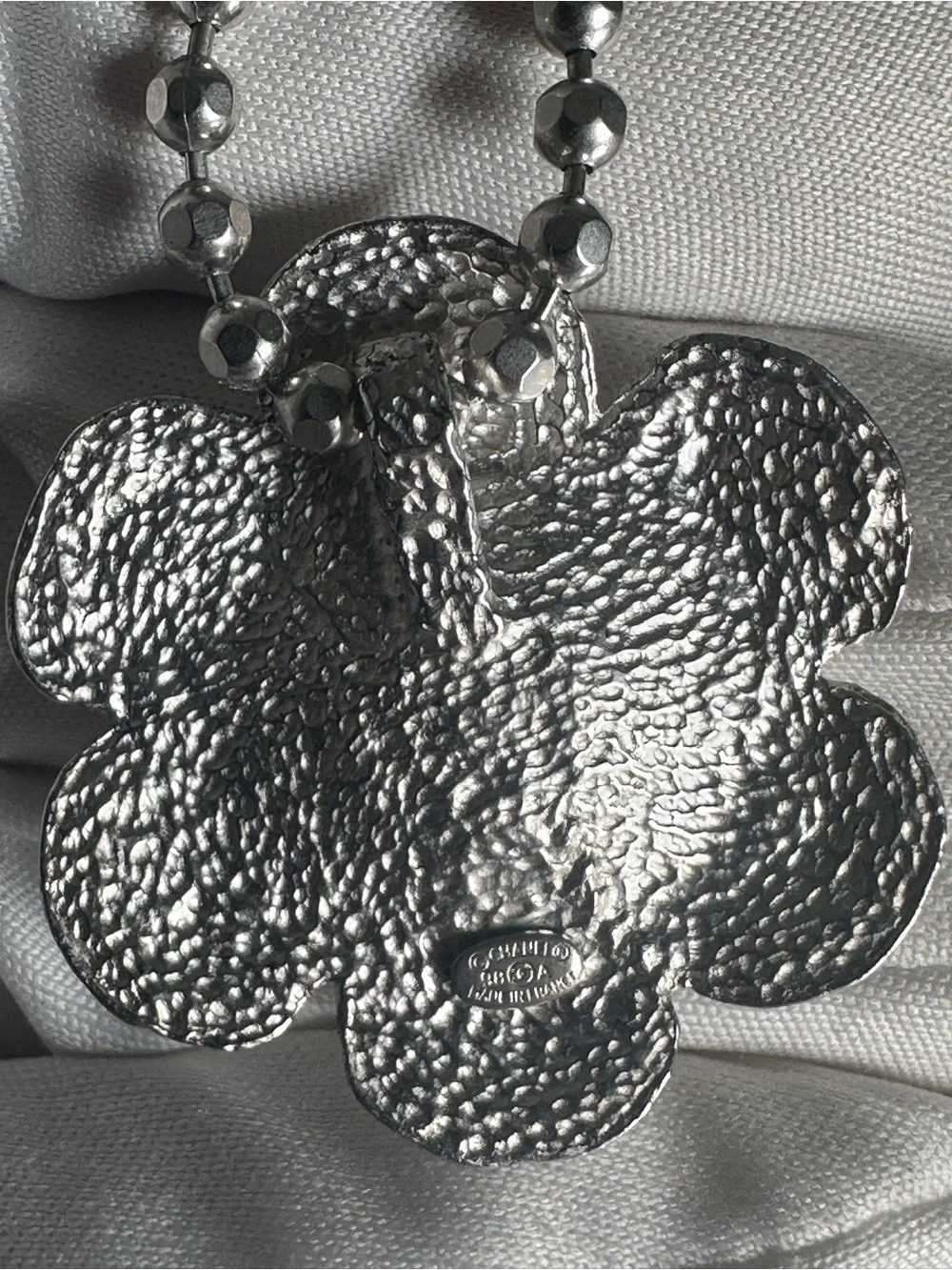 Vintage CHANEL 98A Silver Quilted Camellia CC Necklace 16” Box